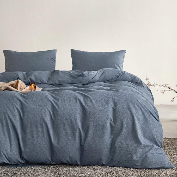 Wake In Cloud - Cotton Duvet Cover Set, King Size, Chambray Denim Blue - Image 3