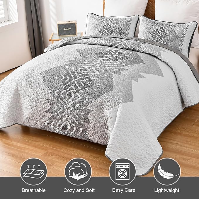 Dintszyayue Grey Quilt Set Queen Size 3 Pieces Boho Aztec Quilt Set Queen Gray - Image 3
