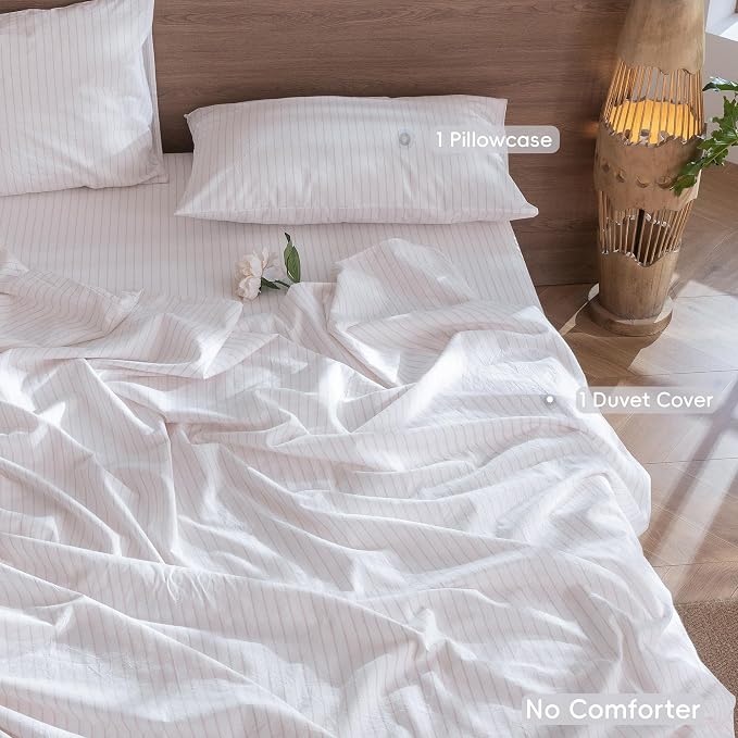 MooMee Striped Duvet Cover Set 100% Washed Cotton Linen Like Textured - Image 2