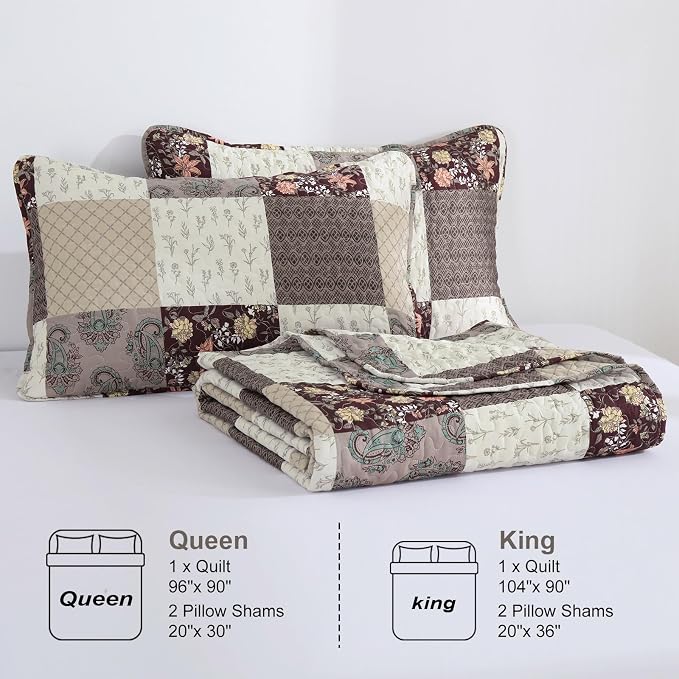 Xruibed Floral Plaid Patchwork Fall Quilt Set King Size 3 Pieces Taupe Beige - Image 7