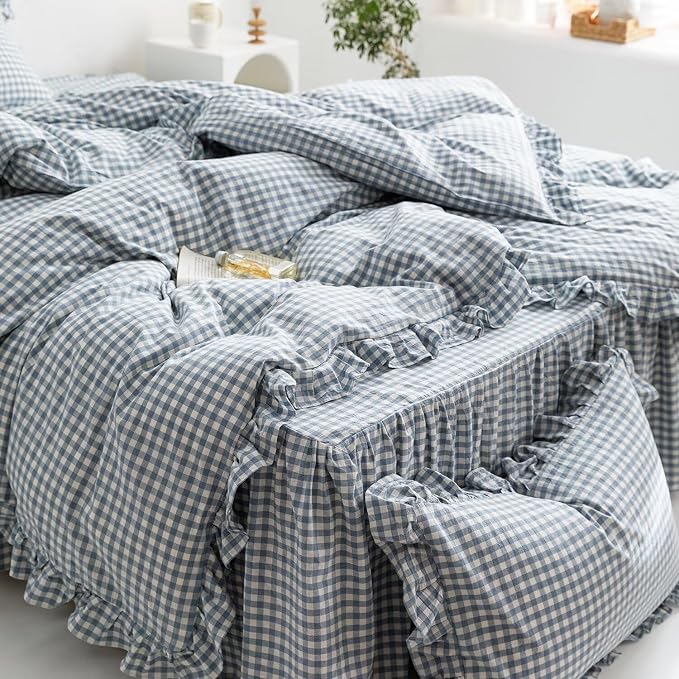 MKXI Blue and White Gingham Duvet Cover King Size, 3-Piece Bedding Set - Image 6