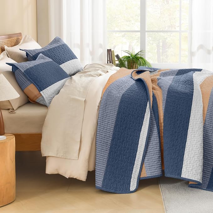 Litanika Quilt Queen Size BlueO, Stripe Patchwork Summer Bedspread Coverlet 3 - Image 2