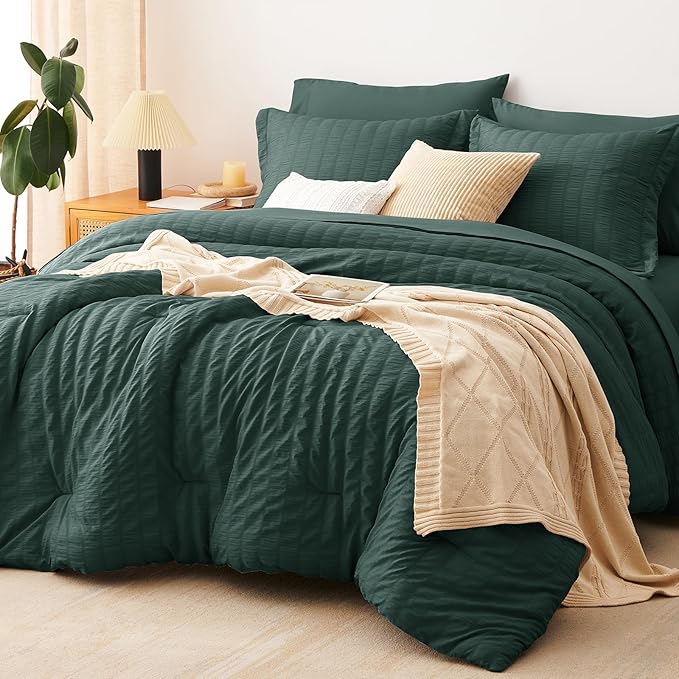 CozyLux Queen Comforter Set Forest Green Seersucker 7 Pieces Bed in a Bag Queen by CozyLux