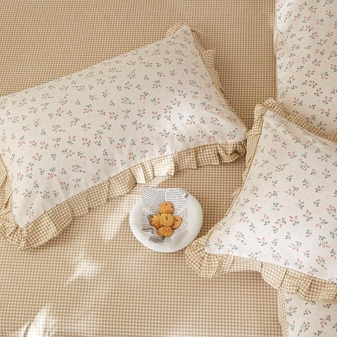 mixinni Beige Floral Duvet Cover Queen Size, 100% Cotton Cute Strawberry Floral - Image 6