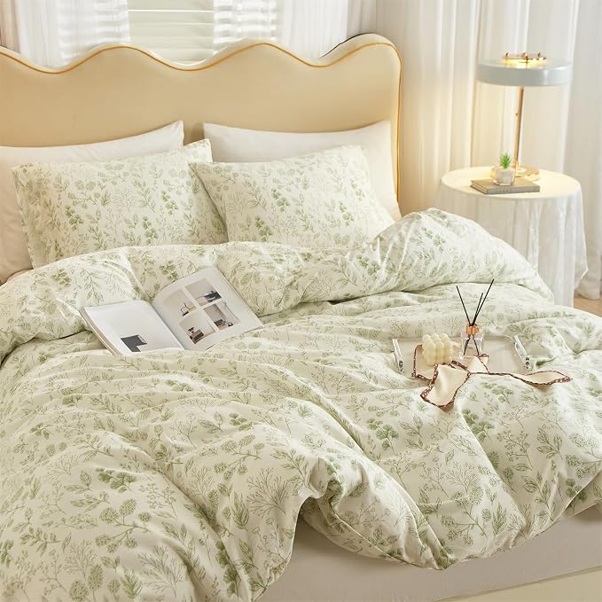 mixinni 3pcs Girls Boho Green Floral Duvet Cover Set King Size Cotton Soft - Image 4