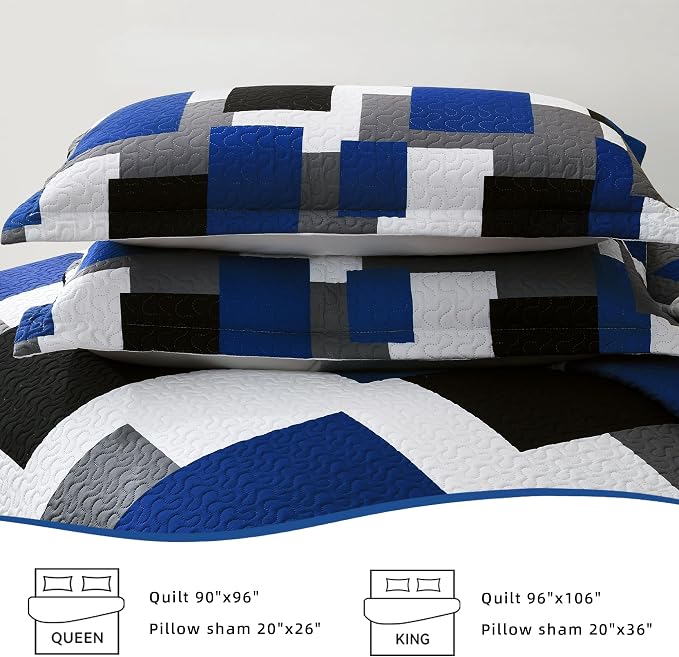 Tyrot 3 Piece Blue White Grey Quilt Set King Size Black White Geometric - Image 7