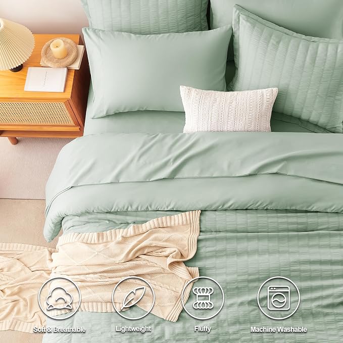 CozyLux Queen Comforter Set Sage Green Seersucker 7 Pieces Bed in a Bag Queen - Image 2