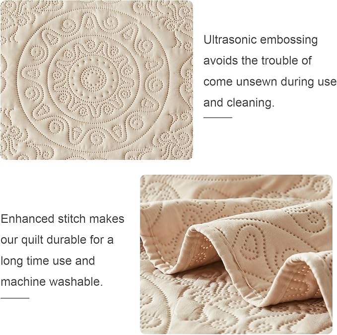 WURUIBO Beige Quilt Set Twin Size, Embossing Microfiber Bedspreads - Image 5