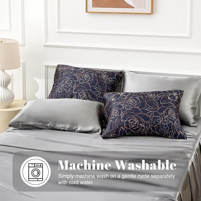 EXQ Home Satin Pillowcase for Hair and Skin- Rose on Blue Silk Pillowcase 2 - Image 4