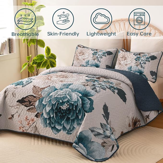 WONGS BEDDING Floral Quilt Set Aqua Queen, Quilted Printed Lightweight - Image 2
