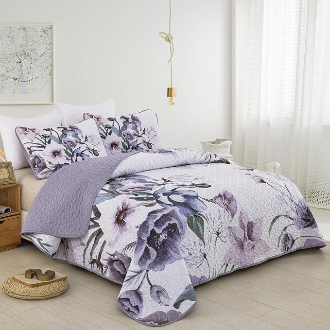 3 Pieces Floral Quilt Set Full Purple Flower Pattern Quilt Coverlet Set Soft - Image 2