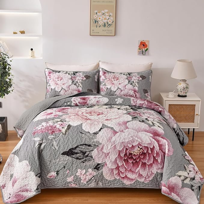 WONGS BEDDING Floral Quilt Set King, 3 Pieces Reversible Elegant Pink Flower by WONGSBEDDING