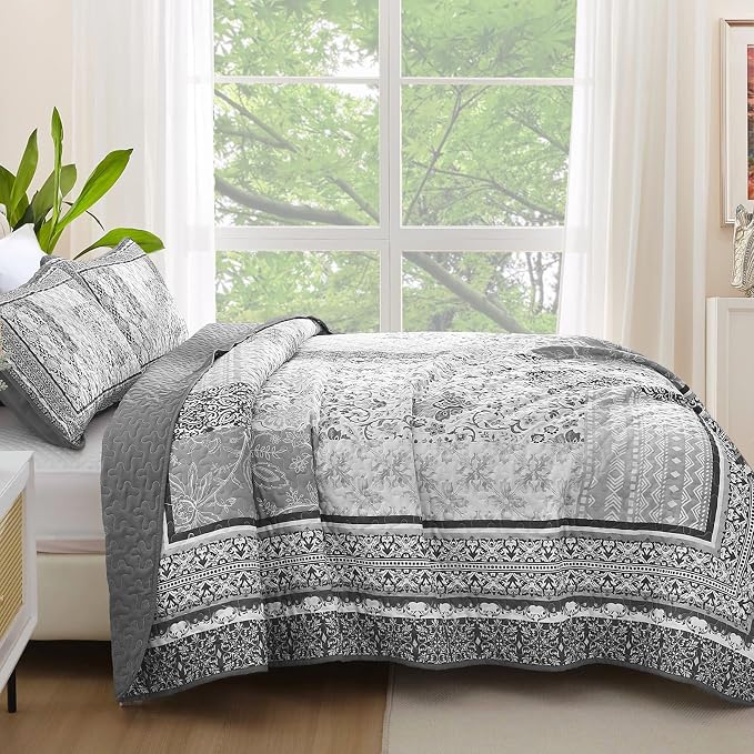 WONGS BEDDING Grey Quilt Set King Size, Bohemian Floral Patchwork Bedspread - Image 3