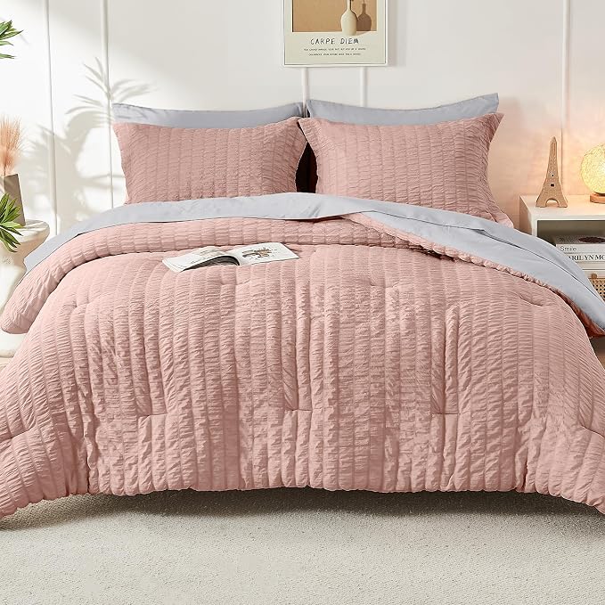 HYMOKEGE Rose Gold/Light Grey Twin XL Comforter Set Seersucker 5 Pieces - Image 9