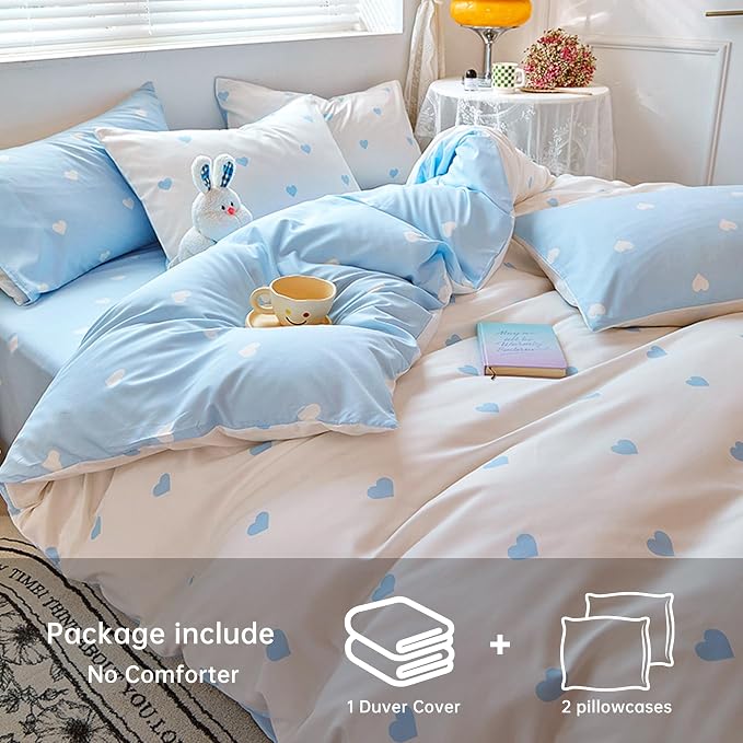 BOLINLIVING Cute Duvet Cover Queen Size, Reversible Light Blue & White Heart - Image 4