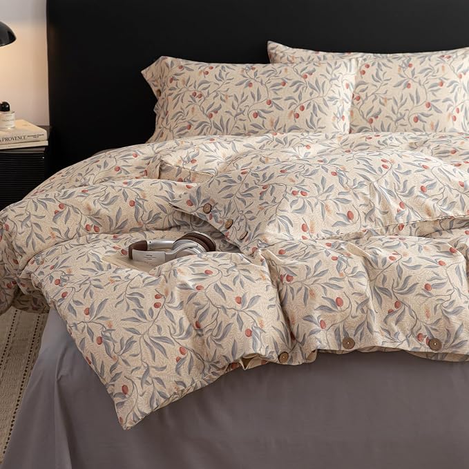 mixinni Cotton Linen Floral Duvet Cover Set King Size – Vintage Botanical Print by mixinni