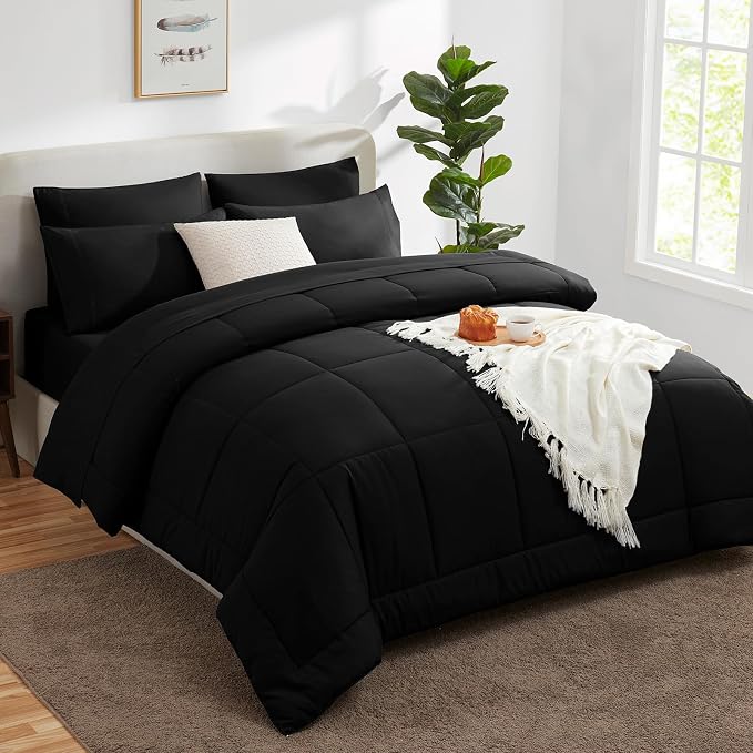 CozyLux Queen Comforter Set Black, 7 Pieces Bed in a Bag, All Season Bedding - Image 8