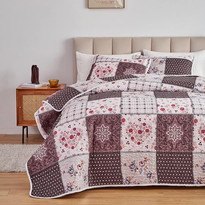 Patchwork Quilt Set King Size, 3 Pieces Brown Floral Plaid Summer Bedspread - Image 3
