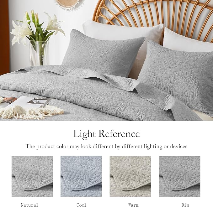 FLYMME Twin Quilt Set, Light Gray Lightweight Bedspreads, Vintage Olive Leaf - Image 4