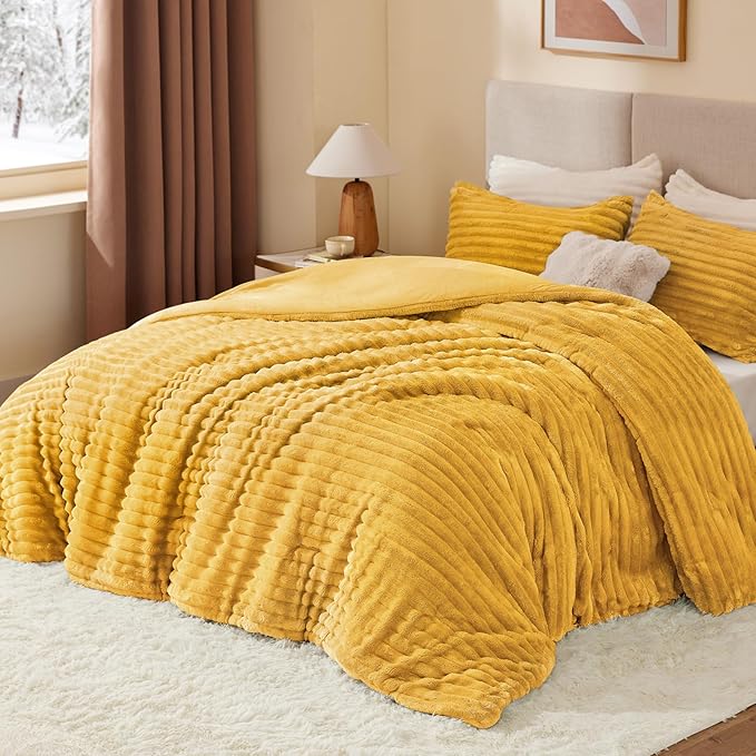 BEDELITE Fleece King Comforter Set -Super Soft & Warm Fluffy Mustard Yellow - Image 2