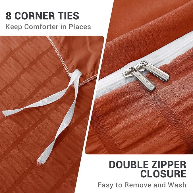 HYMOKEGE Burnt Orange Duvet Cover King Size, Ultra Soft 3-Piece Seersucker - Image 5