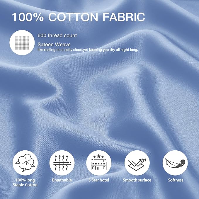 100% Cotton Standard Pillowcases Set of 2, Deep Dream 600 Thread Count Pillow - Image 2