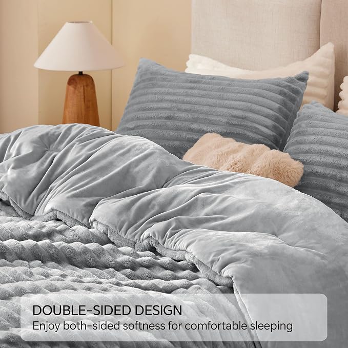 BEDELITE Fleece King Comforter Set -Super Soft & Warm Fluffy Light Grey Bedding - Image 5