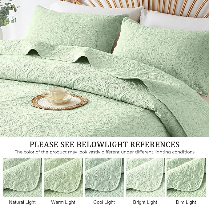 WURUIBO Light Green Quilt Set King/Cal King Size, Embossing Microfiber - Image 6