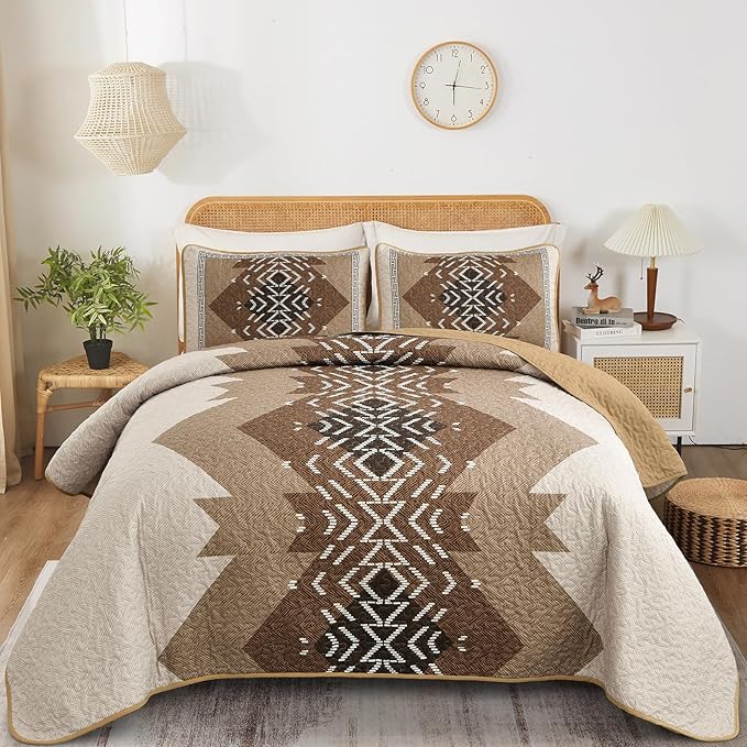 Dintszyayue Boho Queen Size Quilt Set, 3 Pieces Aztec Texture Bedding Coverlet by Dintszyayue