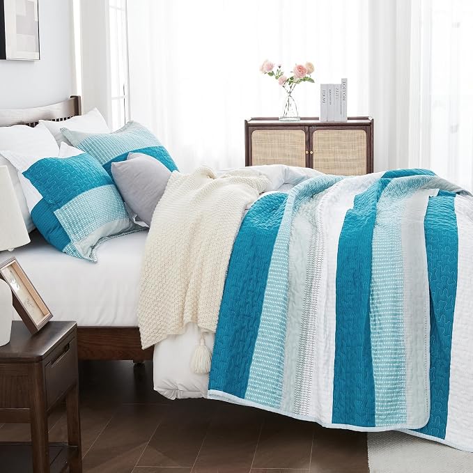 Andency Teal White Quilt Twin, 2 Pieces Patchwork Bedspread Coverlet Set - Image 2
