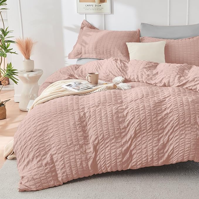 HYMOKEGE Rose Gold/Light Grey King Size Comforter Set Seersucker 7 Pieces - Image 2