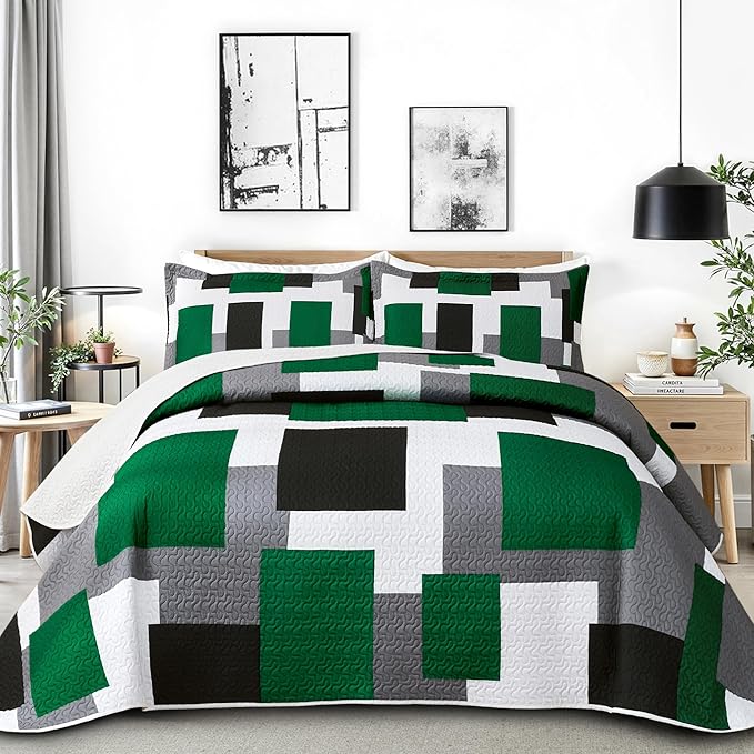 Tyrot 3 Piece Green Quilt Set Full/Queen Size Green Black White Geometric by TyrotHomeDecor