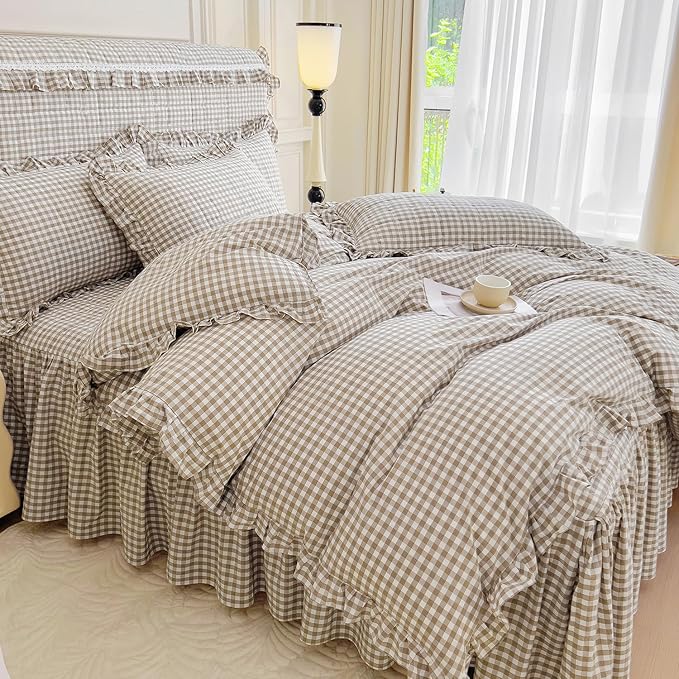 mixinni Tan Gingham Ruffle Duvet Cover Full Size 3 Pieces – 100% Washed Cotton - Image 5