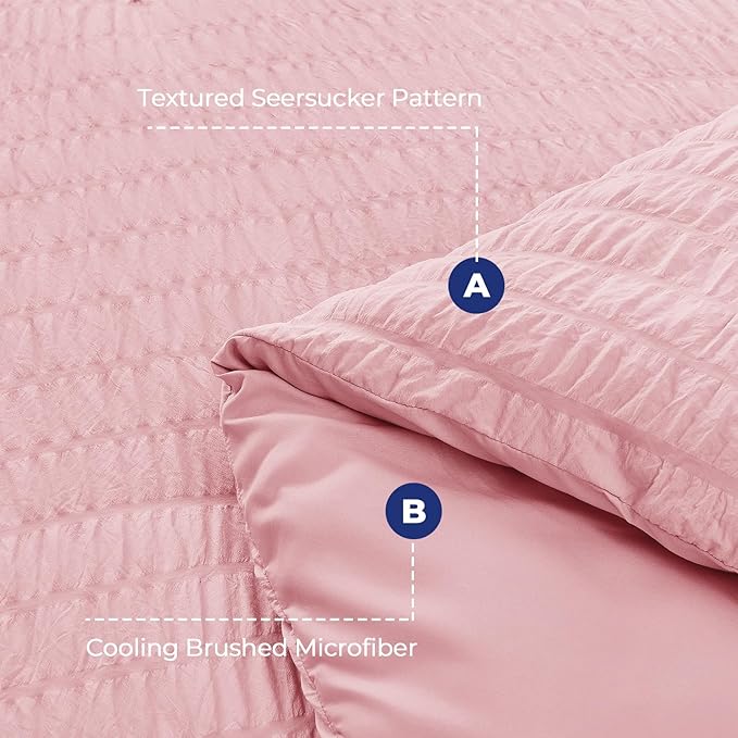 HYMOKEGE Pink Duvet Cover Full Size, Ultra Soft 3-Piece Seersucker Duvet Cover - Image 3
