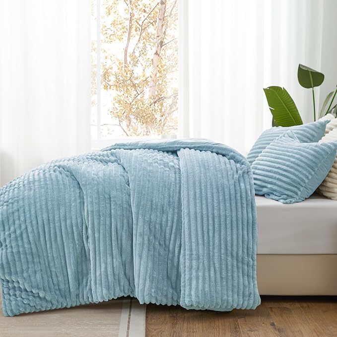 BEDELITE Fleece Twin Comforter Set -Super Soft & Warm Fluffy Light Blue Bedding - Image 2