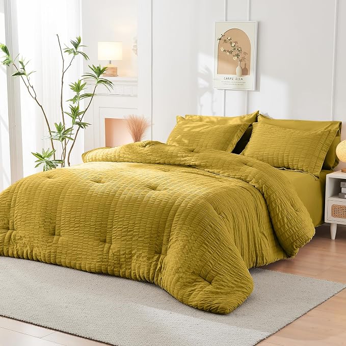 HYMOKEGE Mustard Yellow Twin XL Comforter Set Seersucker 5 Pieces, All Season - Image 8