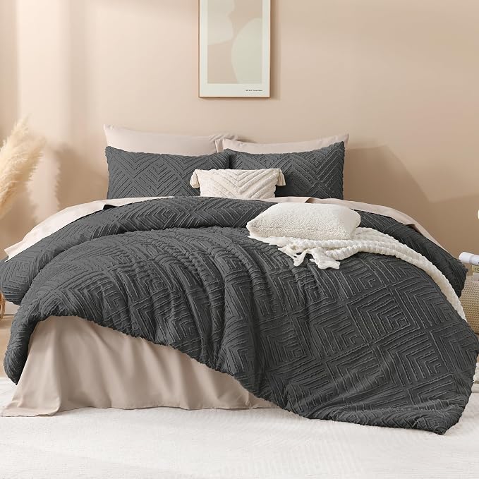 Andency Dark Grey Comforter Set Queen, 3 Pieces Tufted Farmhouse Shabby Chic - Image 2