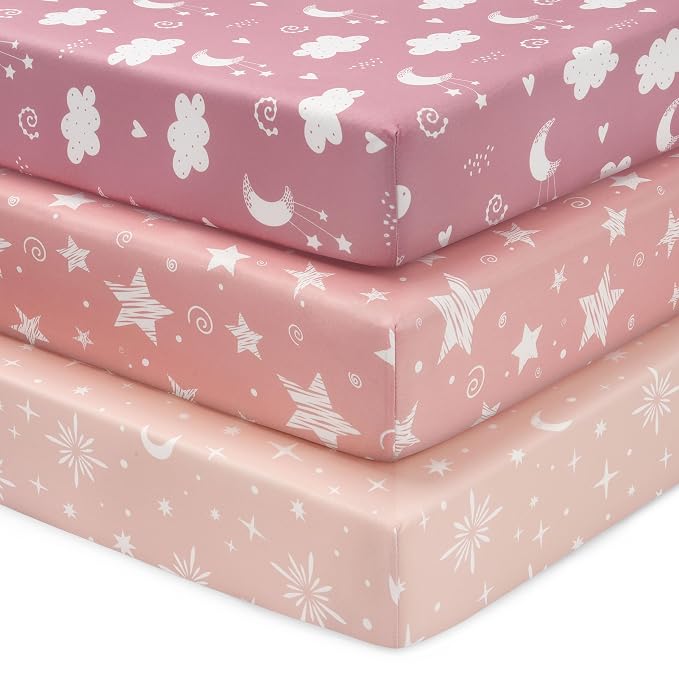 Baby Mini Crib Sheets Girl, Portable 38”x26” Pack and Play Sheets Fitted by FIEMOL