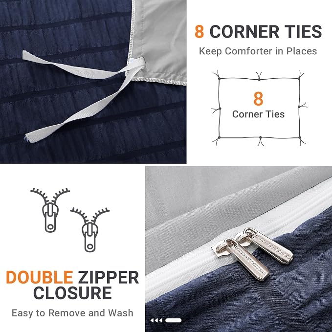 HYMOKEGE Navy Blue/Light Grey Duvet Cover Full Size, Ultra Soft 3-Piece - Image 4