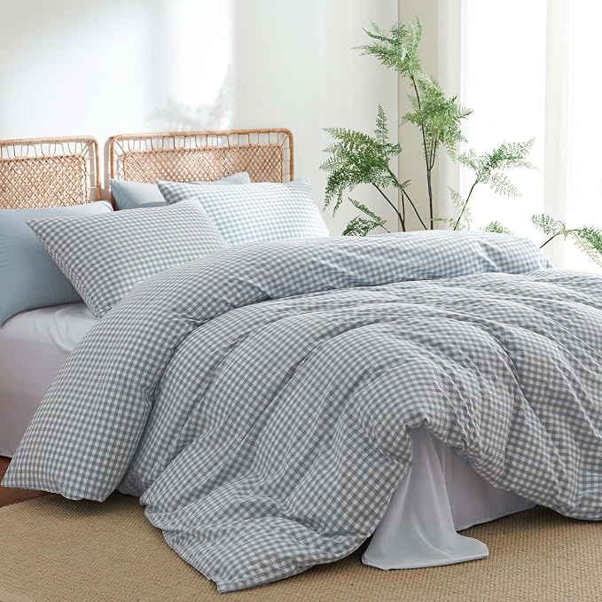 Nayoroom Gingham Duvet Cover King Size 100% Washed Cotton Blue Plaid Checkered - Image 2