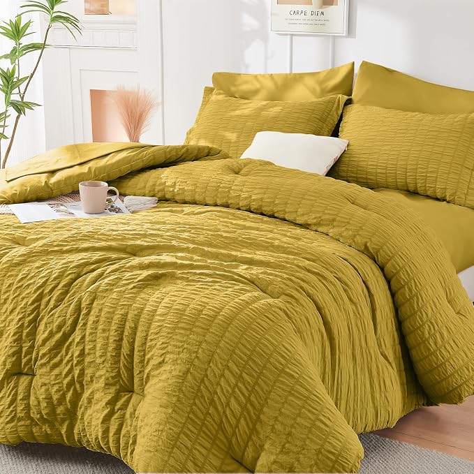HYMOKEGE Mustard Yellow Twin Comforter Set Seersucker 5 Pieces, All Season by HYMOKEGE