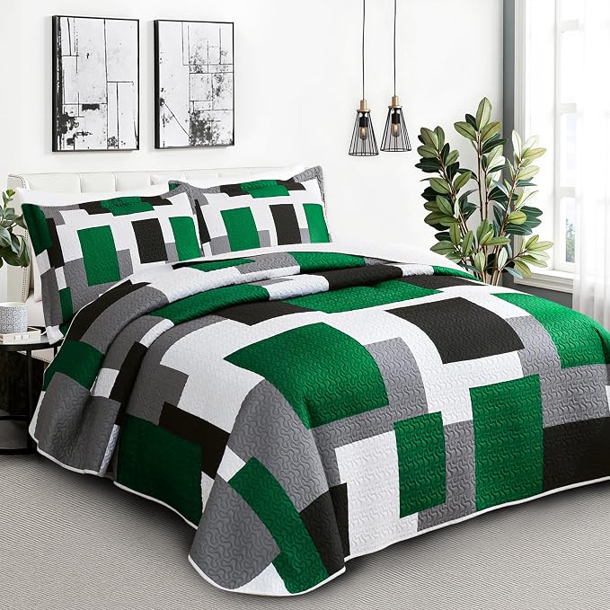 Tyrot 2 Piece Green Quilt Set Twin Size Black Grey White Geometric Reversible - Image 2
