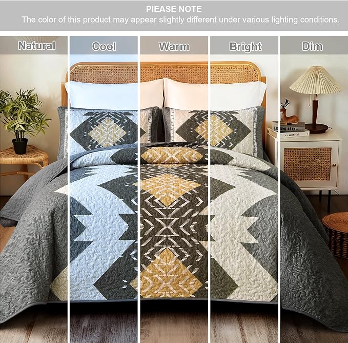 Dintszyayue Grey Boho Quilt Set Queen, Aztec Western Quilt Bedspread Set - Image 6
