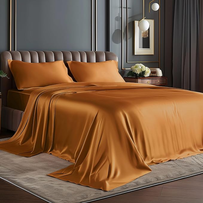 BEDELITE Satin Sheets Twin XL Size Bed Set, Luxury Soft Burnt Orange Silky by BEDELITE