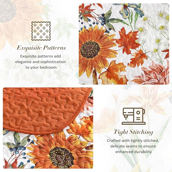 Yiran Fall Floral Quilt Set King Size, 3 Pieces Soft Lightweight Microfiber - Image 7