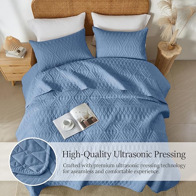 Akkialla King/Cal King Quilt Set, Boho Style in a Solid Color, Bluish Grey - Image 5