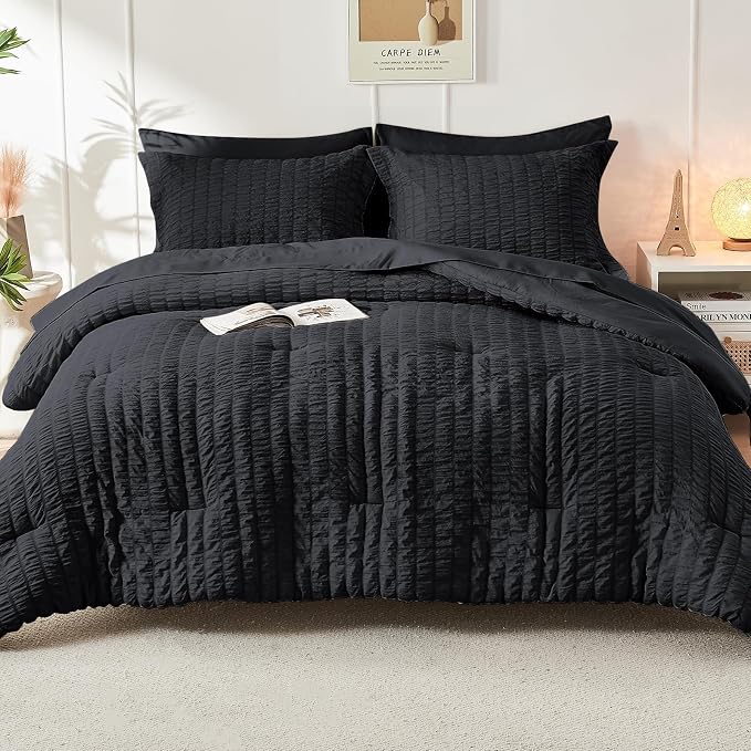 HYMOKEGE Black Oversized Queen Comforter Set Seersucker 7 Pieces, All Season - Image 9
