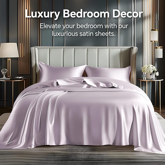 BEDELITE Satin Sheets Twin Size Bed Set, Luxury Soft Lavender Silky Sheets - Image 2