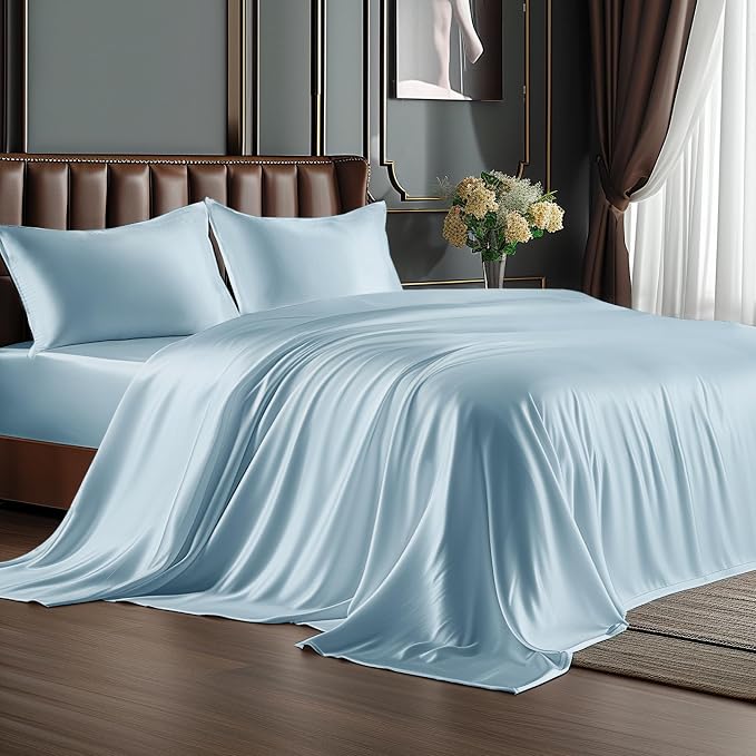 BEDELITE Satin Sheets Twin XL Size Bed Set, Luxury Soft Light Blue Silky Sheets by BEDELITE