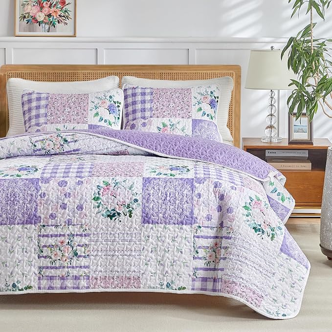 Joyreap 2 Pieces Floral Quilt Set Twin, Patchwork Purple n Pink Flowers Design - Image 3